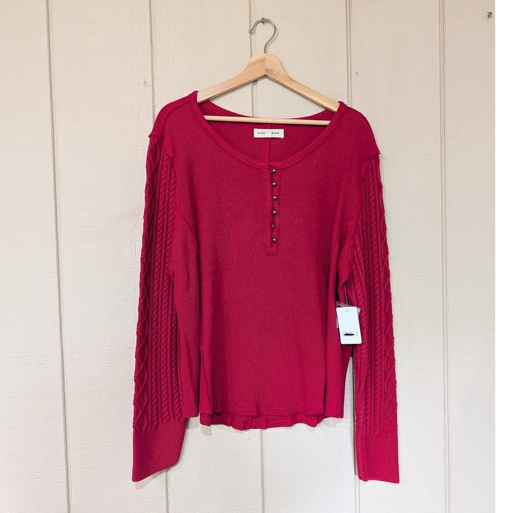 Lucky Brand Womens Red‎ Waffle Knit Cable Sleeve Henley Top XXL New